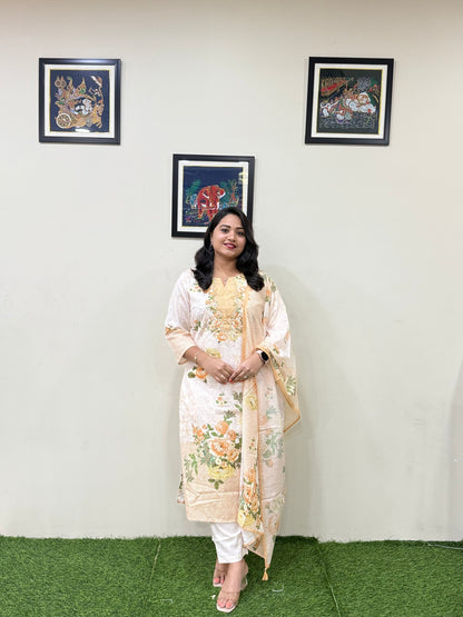 Women’s Linen Schiffli Embroidered Kurta Set with Cotton Pant and Viscose Mal Dupatta – L to 3XL