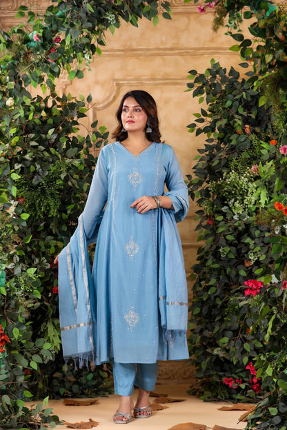 Mal Chanderi Kurti Pant Dupatta Set with Moti Sequins Zari Embroidery for Women