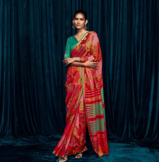 Soft Brasso Printed Saree with Fancy Border, Tassel Pallu and Work Blouse for Women – Party and Festival Wear