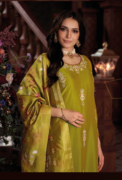 Viscose Silk Embroidered Kurta Plazzo Dupatta Set with Mirror Work and Printed Dupatta – XL & XXL