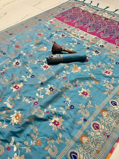 Pure Heavy Silk Saree with Zari and Minakari Weaving, Running Design Blouse with Jari Border