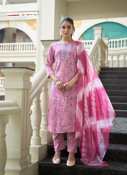 Bamboo Fabric Dobby Foil Print Straight Cut Kurta Pant Dupatta Set with Embroidery – Sizes XL to 3XL