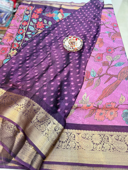 Silk blend printed saree with zari border and digital pallu print, 6.3m with running blouse, 6 color options