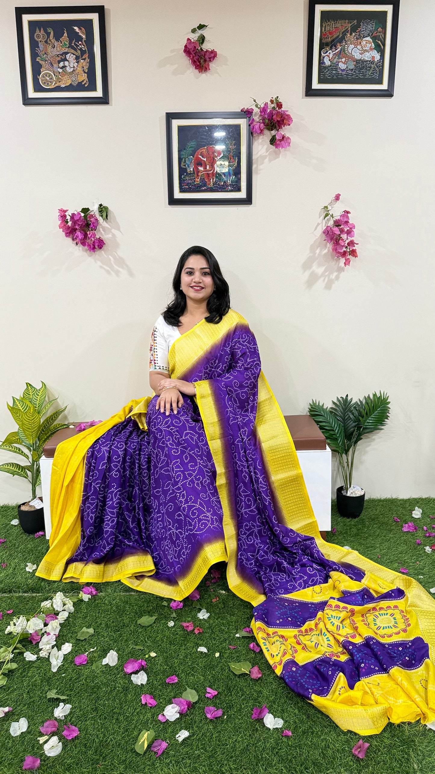 Soft Dola Silk Saree with Heavy Zari Border and Bandhani Print – Elegant Pallu with Running Blouse