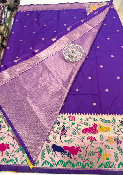 Paithani printed soft silk saree with zari-style border and contrast blouse for women