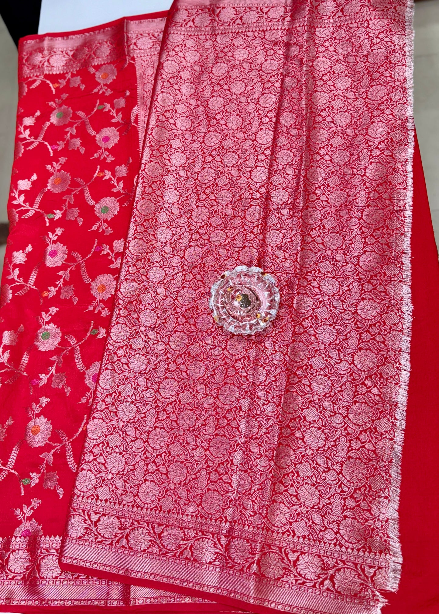 Banarasi Semi Dupion Silk Saree with Jaal Meenakari Design and Gold Zari Weaving Blouse Piece