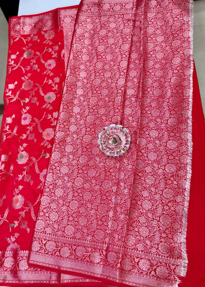 Banarasi Semi Dupion Silk Saree with Jaal Meenakari Design and Gold Zari Weaving Blouse Piece