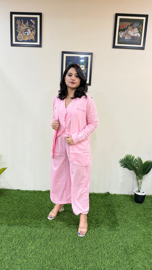 Pure Cotton Slub Bell-Bottom Pants with Halter Neck Waistcoat and Long Blazer – Women’s Three-Piece Set (Sizes 40 to 44)