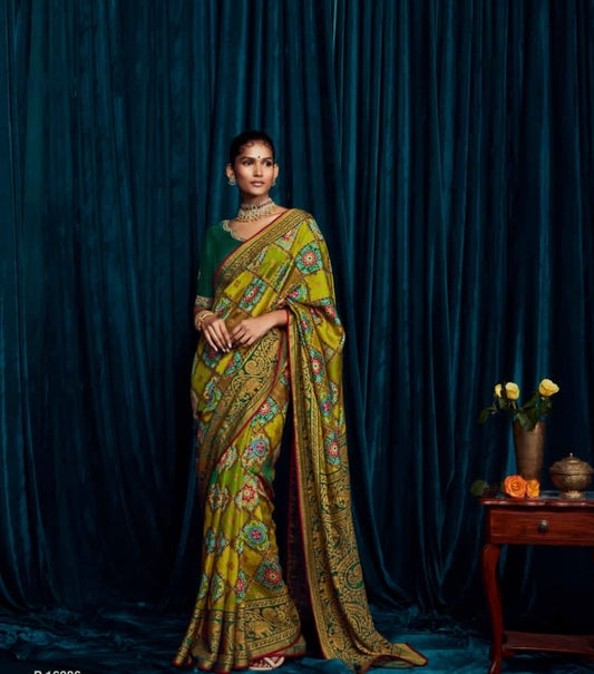 Soft Brasso Printed Saree with Fancy Border, Tassel Pallu and Work Blouse for Women – Party and Festival Wear