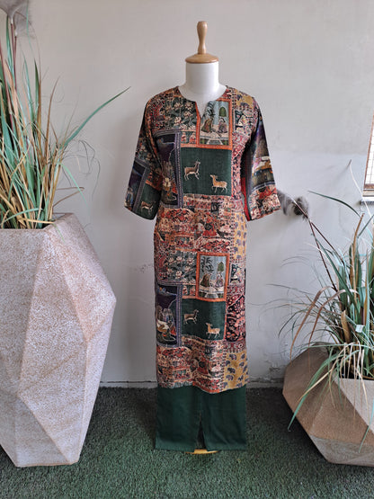 Dola Silk Kurta Set with Digital Print, Kantha and Sequin Work Viscose Cotton Pant – Ethnic Wear for Women (38 to 46)