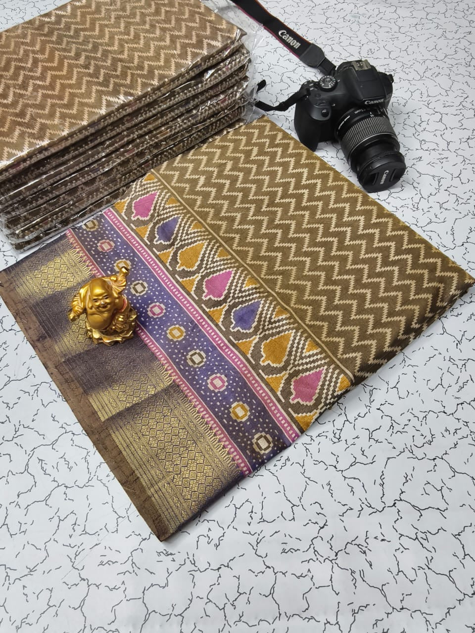 Soft Pochampally Silk Saree with Printed Multi-Butta Design and Contrast Running Blouse