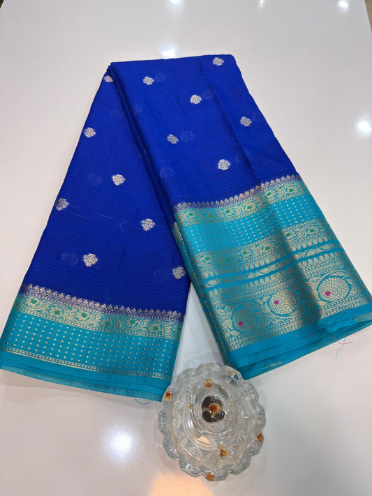 Banarasi semi georgette silk saree with gold zari weaving, meenakari big border and buti design for women