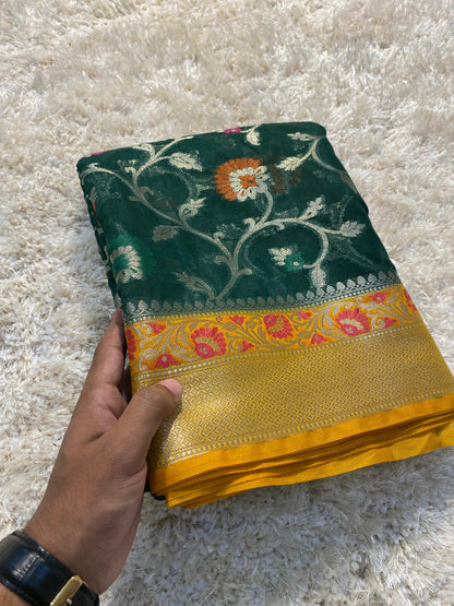 Banarasi Meenakari Georgette Silk Saree with Multi-Color Floral Weaving and Meena Border Blouse