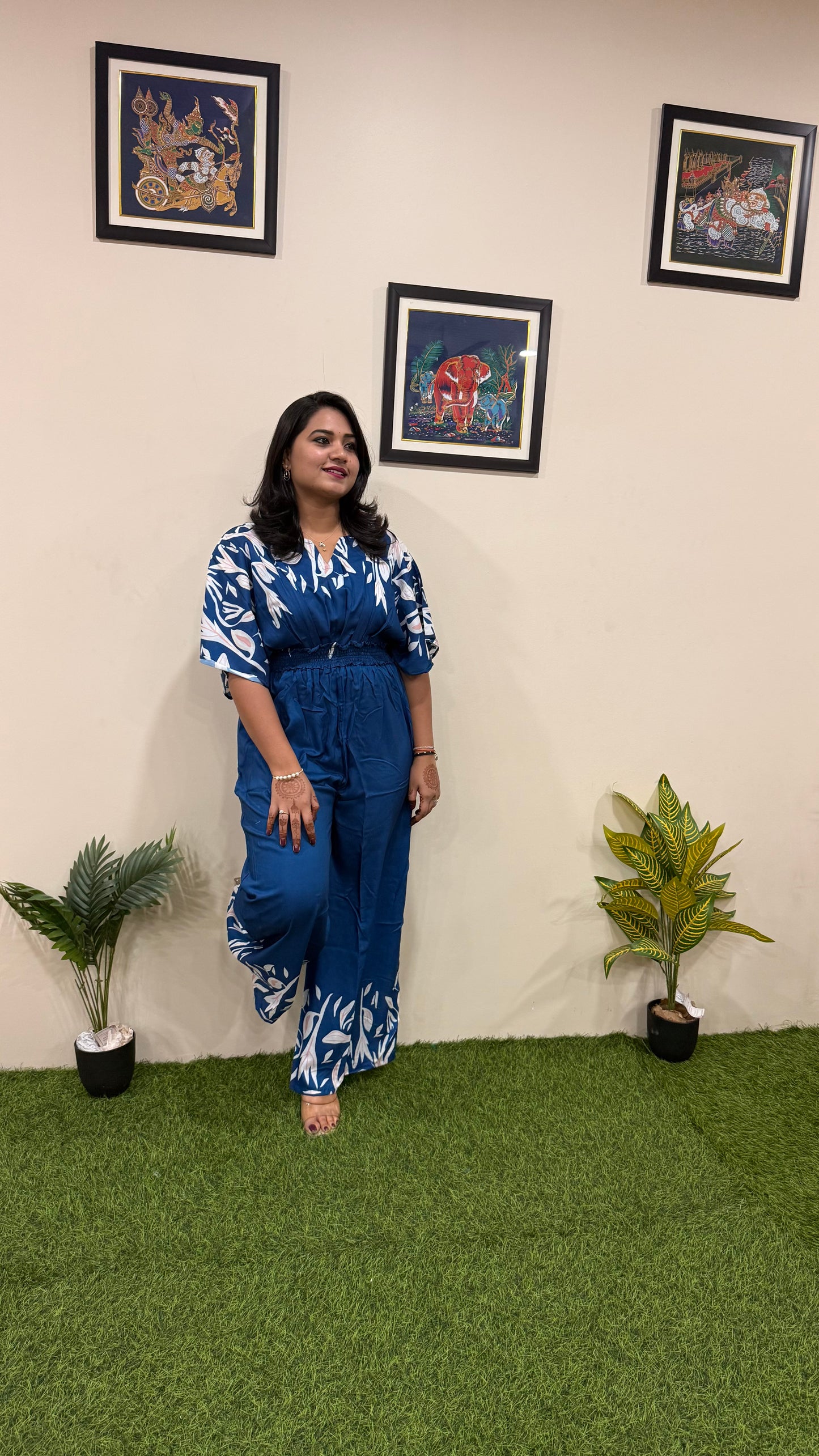 Women's Teal Blue Printed Muslin Jumpsuit with Kimono Sleeves – Length 57”