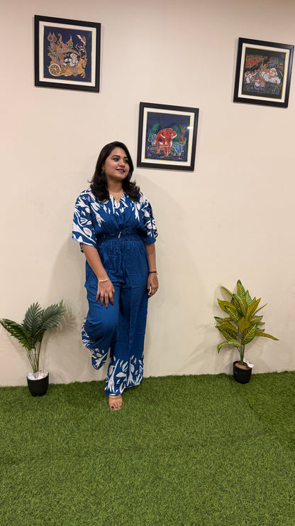 Women's Teal Blue Printed Muslin Jumpsuit with Kimono Sleeves – Length 57”