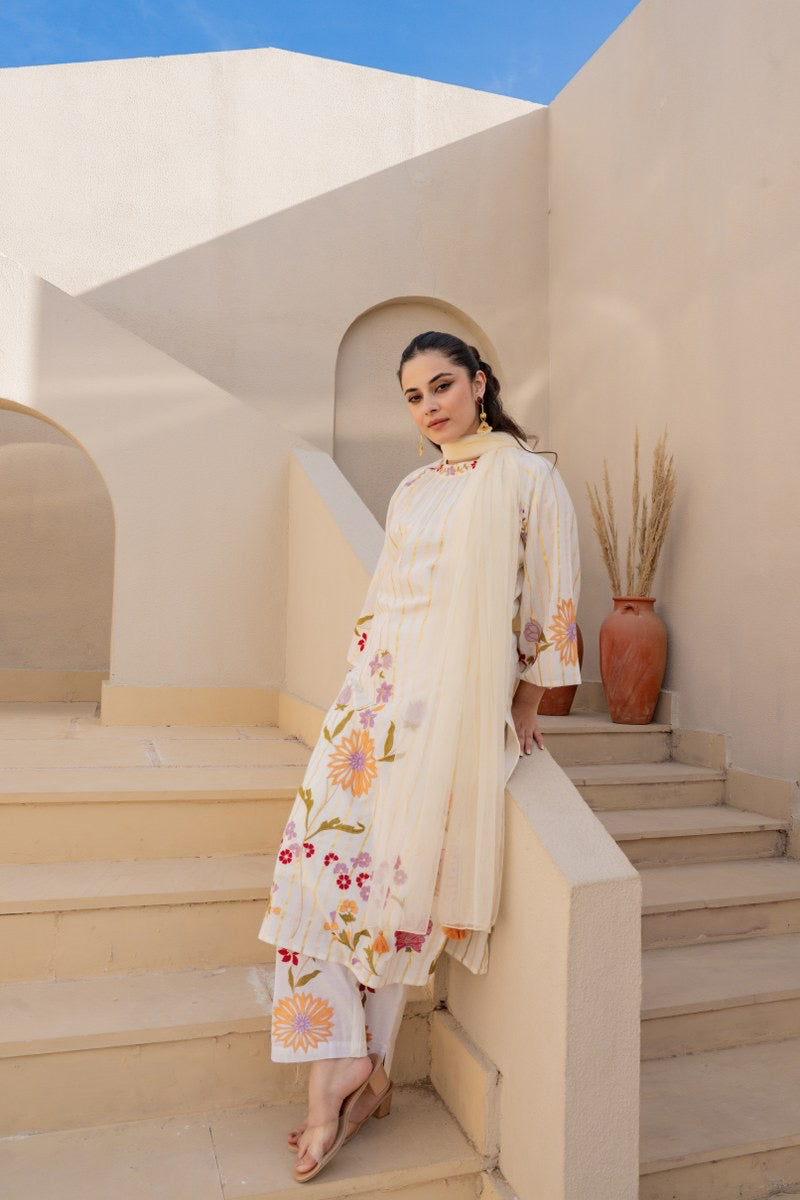 Pure Cotton Embroidered Kurta Pant Dupatta Set for Women – Available in Two Colors