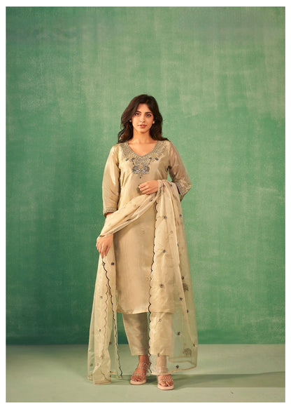 Gold Silk Kurta Pant Dupatta Set with Heavy Khatli Work and Cutwork Dupatta – Sizes M to XXL