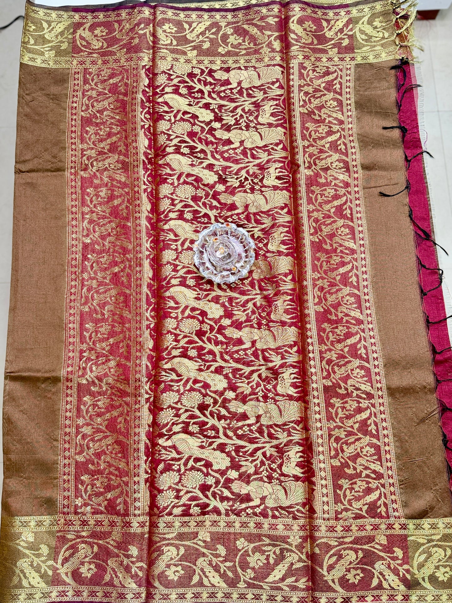 Semi Raw Silk Saree with Zari Hand Border, Heavy Jamdani Pallu and Contrast Blouse