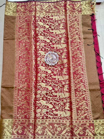 Semi Raw Silk Saree with Zari Hand Border, Heavy Jamdani Pallu and Contrast Blouse