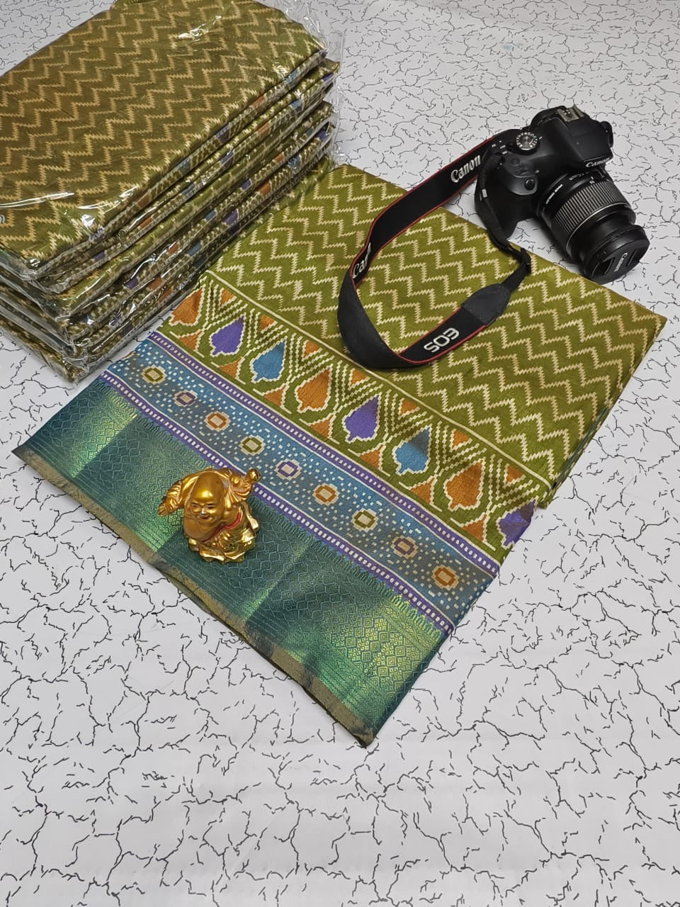 Soft Pochampally Silk Saree with Printed Multi-Butta Design and Contrast Running Blouse