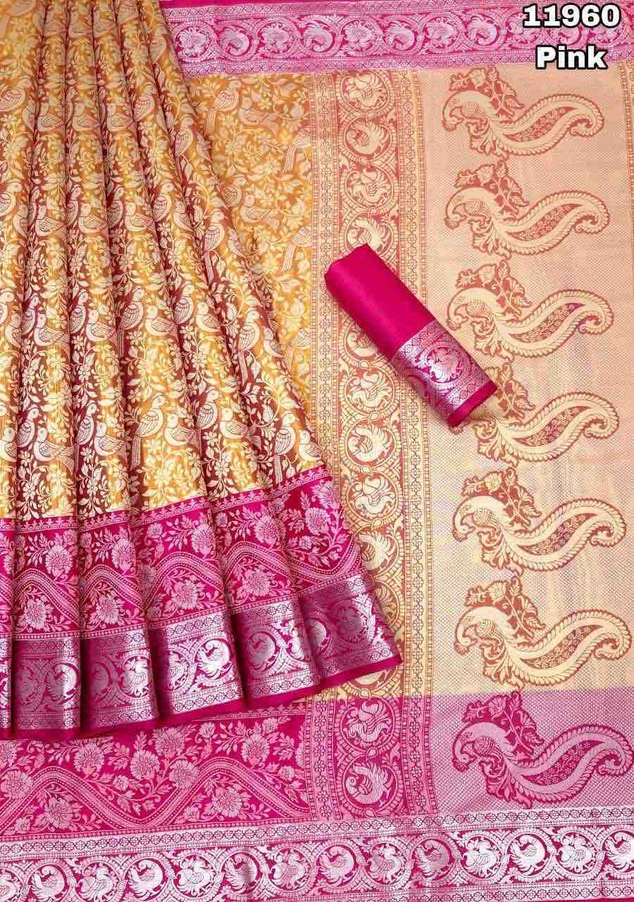 Kanjivaram Pattu Silk Saree with Pure Silver Zari Weaving, Contrast Border and Blouse for Women