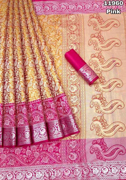 Kanjivaram Pattu Silk Saree with Pure Silver Zari Weaving, Contrast Border and Blouse for Women