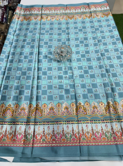 Japan satin saree for women with position print pallu and blouse, soft satin printed saree for festive and casual wear