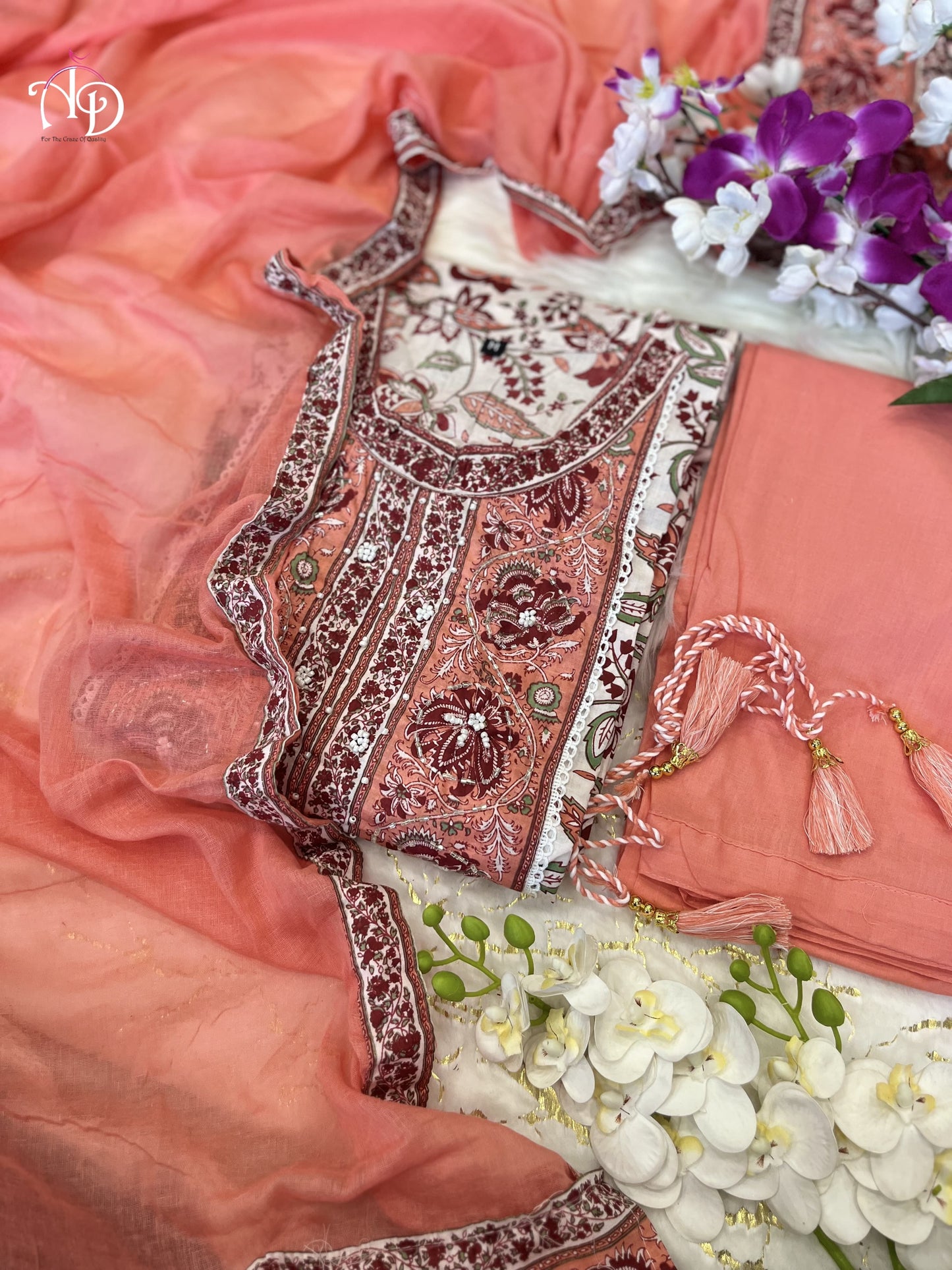 Pure Cotton Anarkali Suit Set with Hand Embroidery, Zari Weaving & Lace Dupatta – Sizes L to 3XL