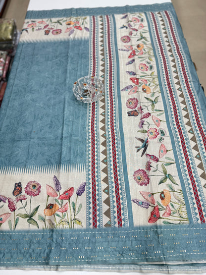 Tussar Fabric Saree with Katha Print Border, Mirror Work and Matching Blouse