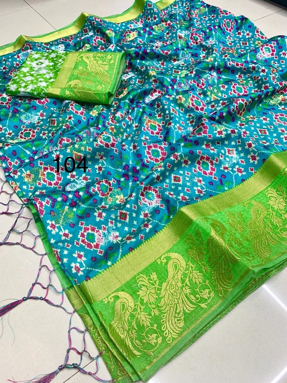 Semi Raw Silk Jacquard Saree with Silver and Gold Zari Butti Weaving – Contrast Ikkat Blouse