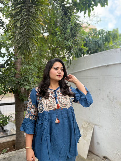 Embroidered Cotton Blend Kurta Pant Set with Bell Sleeves and Hem Work for Women