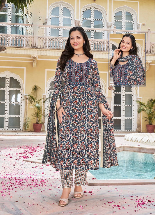 Cambric Cotton Embroidered Kurta Set with Pant and Malmal Dupatta for Women (L to 3XL)