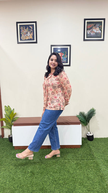 Peach Georgette Floral Print Regular Fit Top with Tie-Neck – Women’s Casual Wear (L to 2XL)