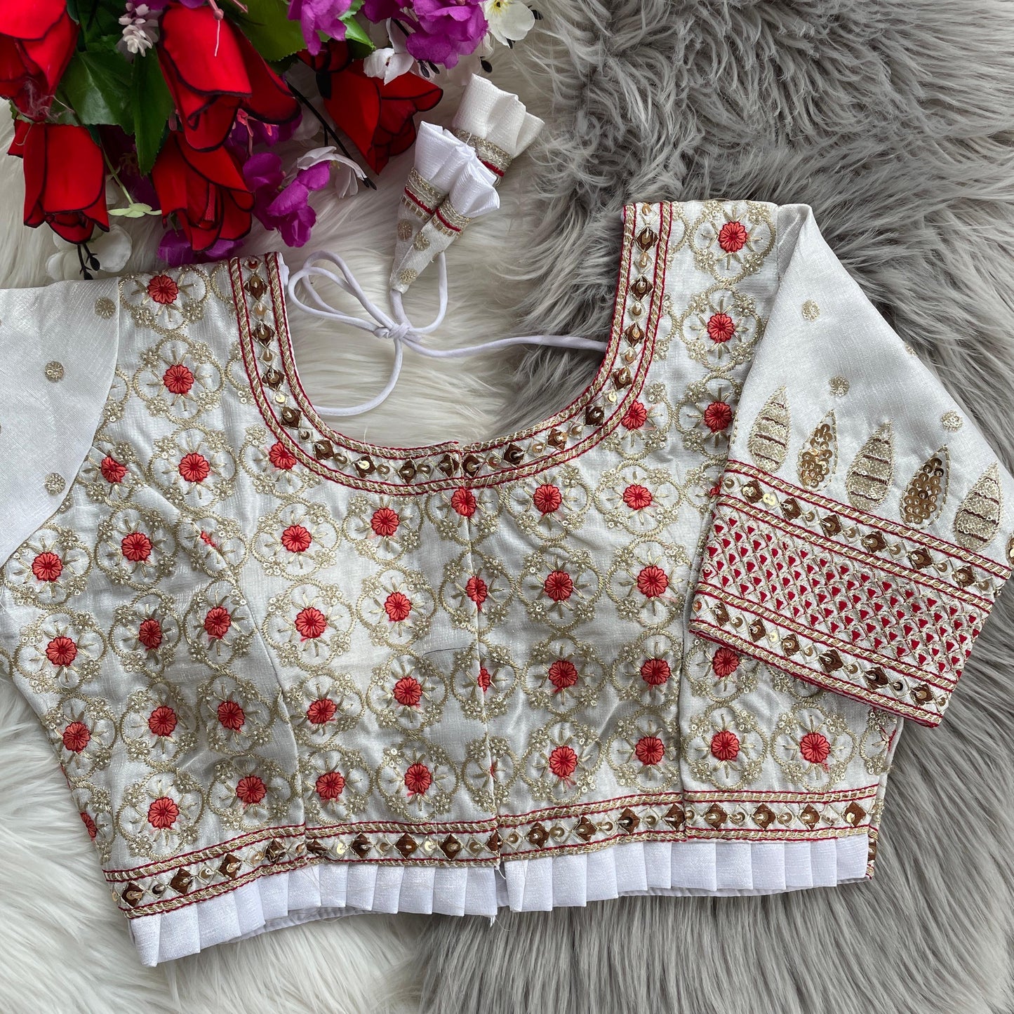 Bridal Blouse in Heavy Pure Soft Cobra Silk with Sequins Embroidery and Latkan Detailing