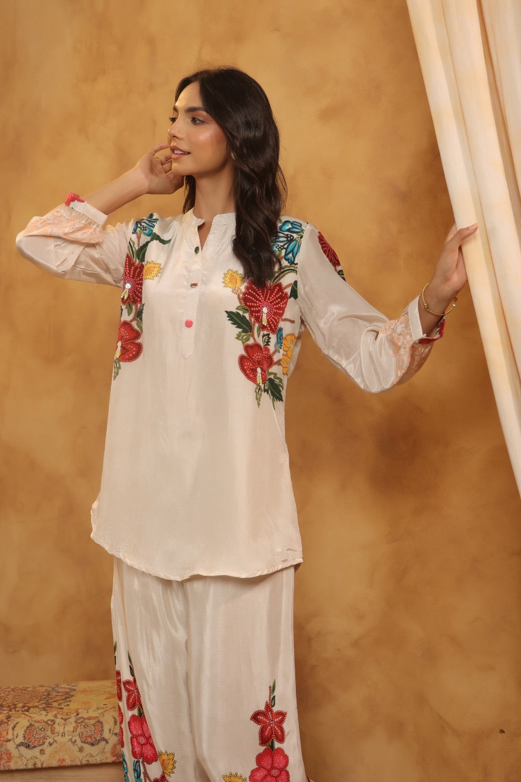 Premium Crepe Co-Ord Set with Floral Placement Print, Button and Tassel Detailing – Ethnic Wear for Women (38 to 44)