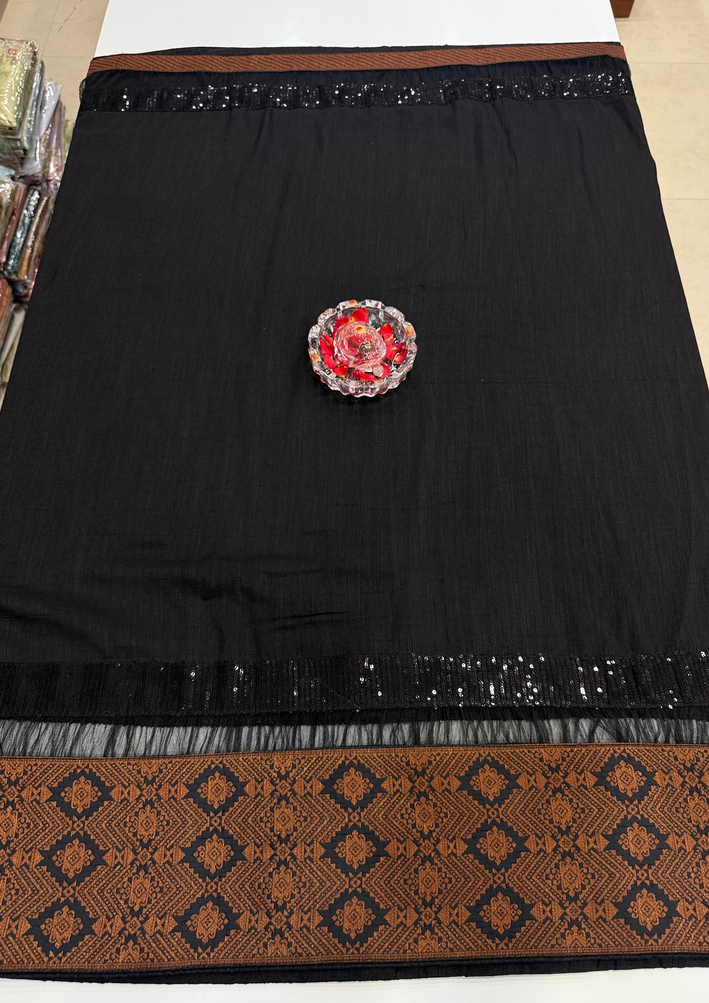 Black Silk Saree with Embroidery Lace Work, Patchwork and Art Silk Blouse