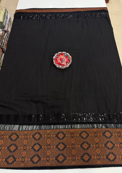 Black Silk Saree with Embroidery Lace Work, Patchwork and Art Silk Blouse