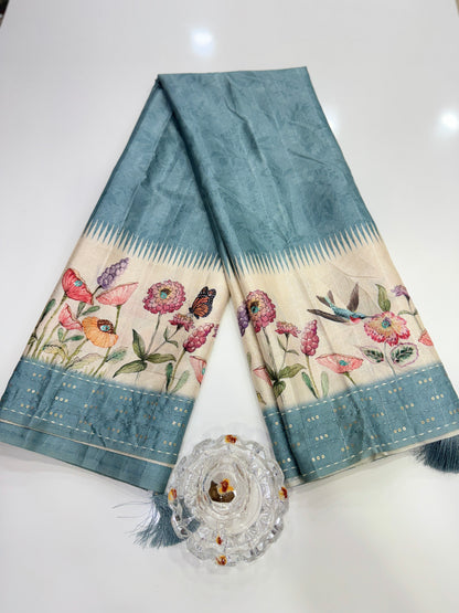 Tussar Fabric Saree with Katha Print Border, Mirror Work and Matching Blouse