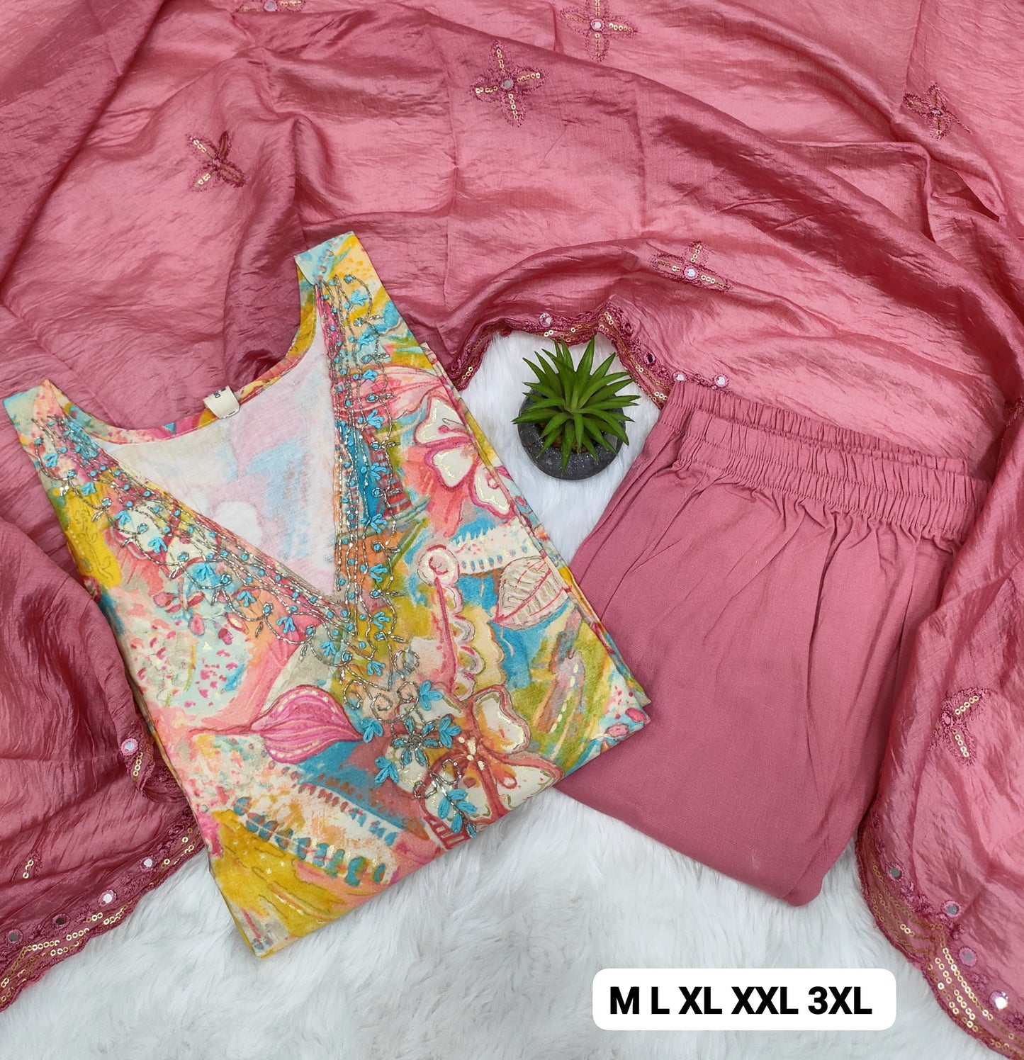 Handcrafted Modal Silk Kurti with Pant & Heavy Work Dupatta – Sizes M to 3XL