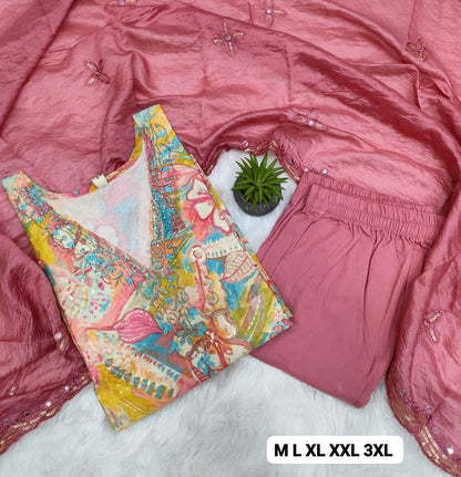 Handcrafted Modal Silk Kurti with Pant & Heavy Work Dupatta – Sizes M to 3XL