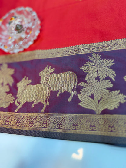 Handloom styled Silk Pichwai Saree with Woven Border and Contrast Blouse