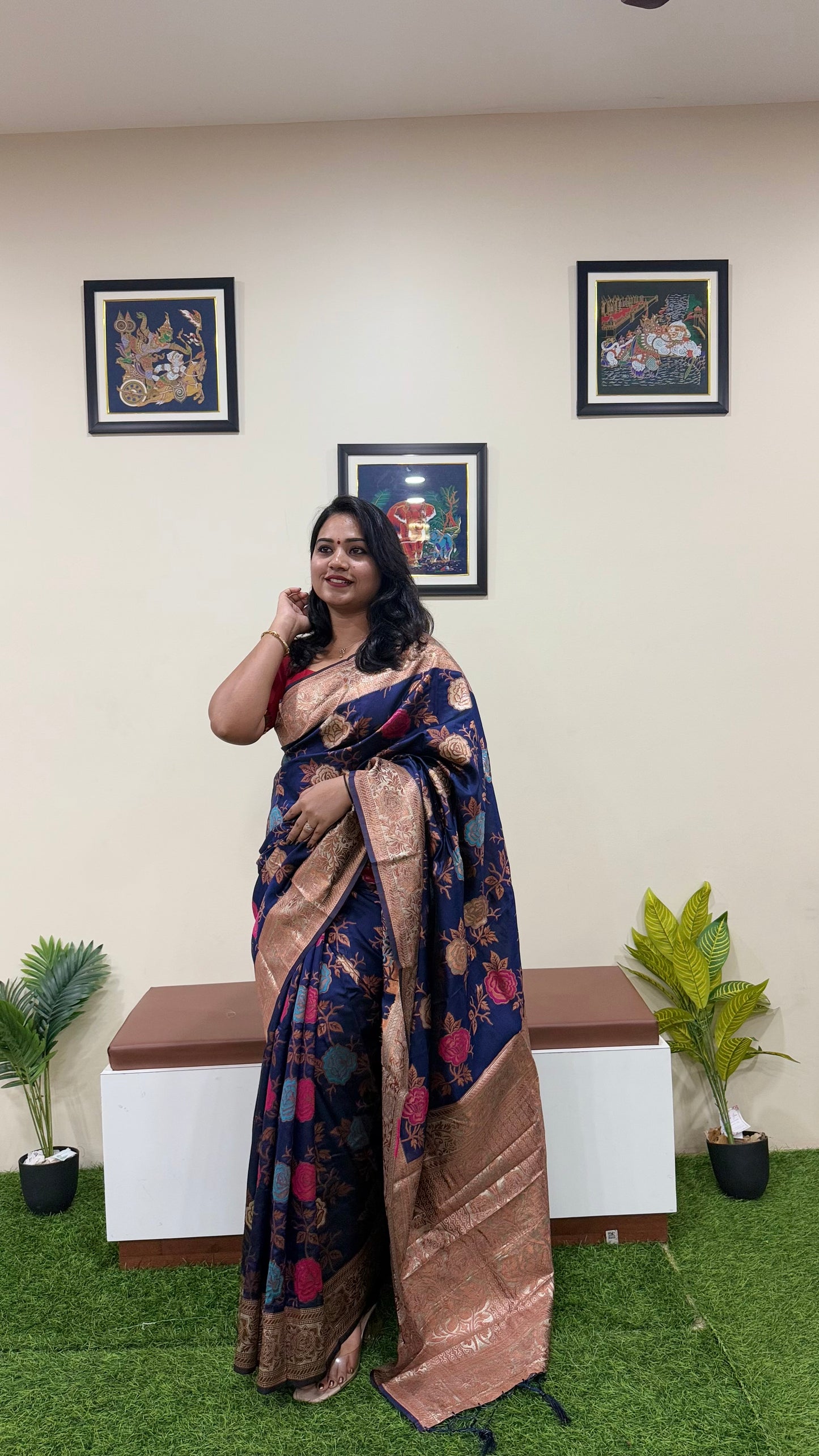 Banarasi Silk Blend Saree with Floral Woven Design and Zari Border – Festive and Wedding Wear