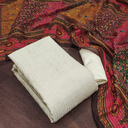 Unstitched Chanderi Dress Material with Crochet Work, Micro Fabric Bottom and Chanderi Digital Print Dupatta