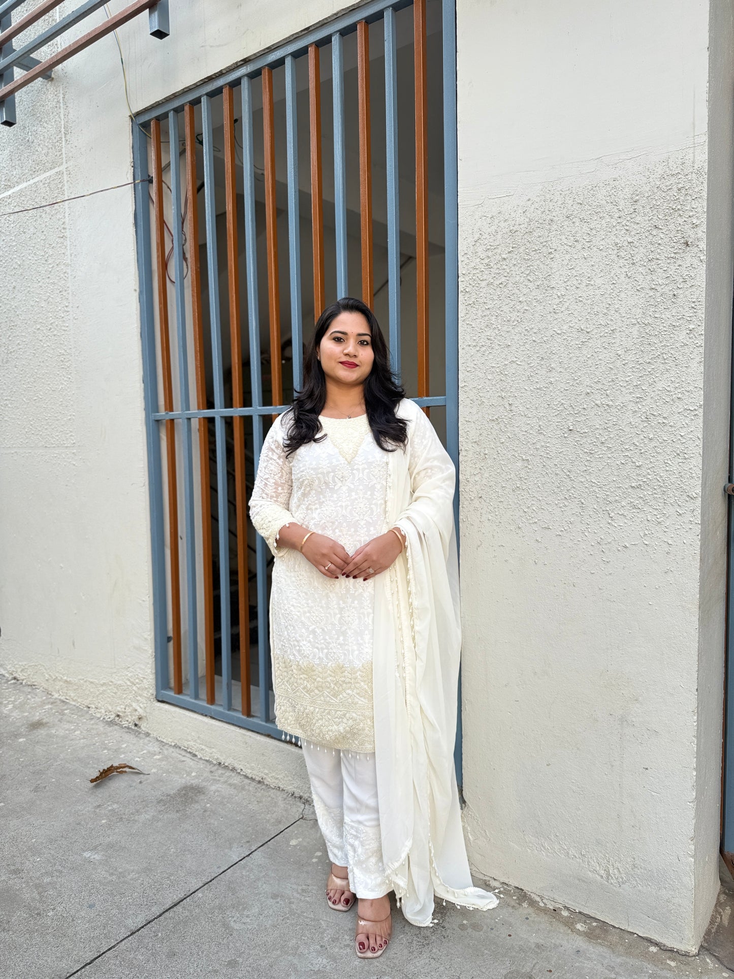 Women’s premium georgette embroidered stitched suit set with beads work and palazzo (XL)