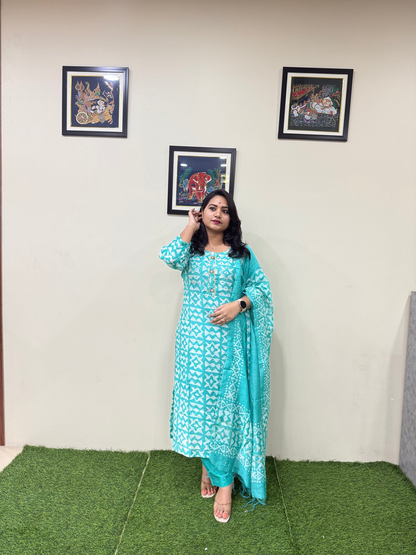 Chanderi Batik Print Kurti Pant Dupatta Set for Women with Attached Lining – Sizes 38, 44, 46