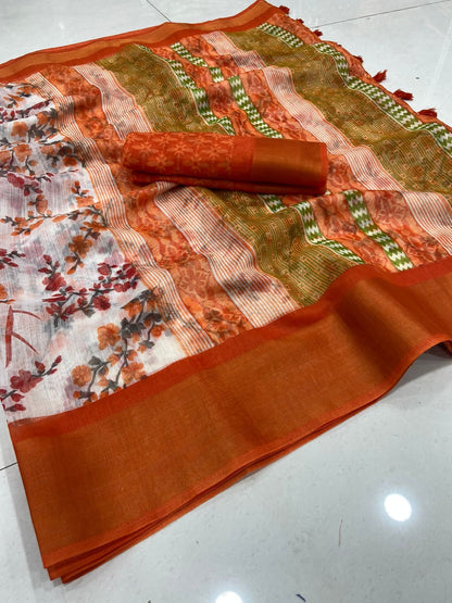 Soft Cotton Slub Saree with HD Floral Print, Zari Weaving Border, and Tassel Pallu for Women