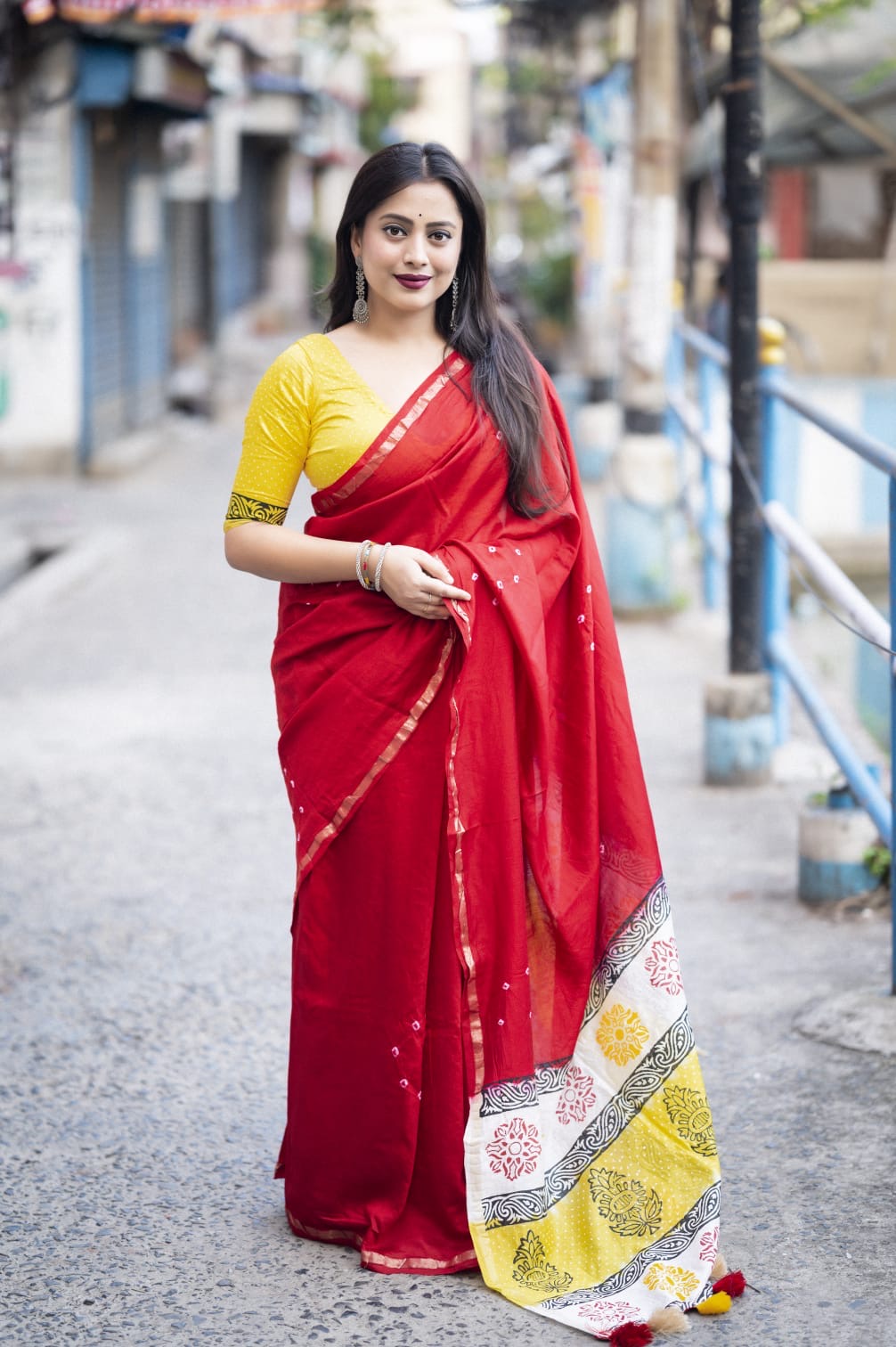 Chanderi Cotton Saree with Hand-Tied Bandhani and Block Printed Pallu – Festive Wear for Women
