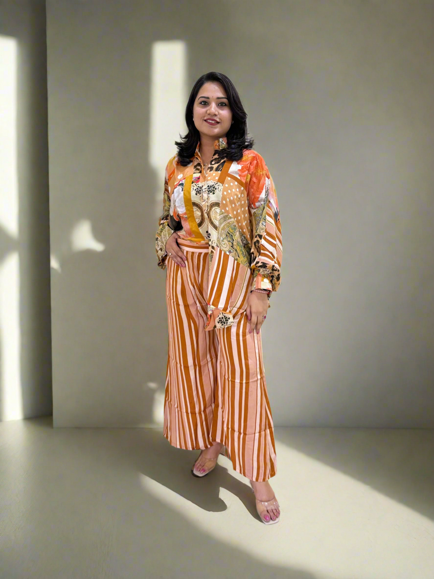 Viscose Crepe Digitally Printed Top with Matte Satin Digitally Printed Bottom – Women’s Fusion Wear Set (L to 2XL)