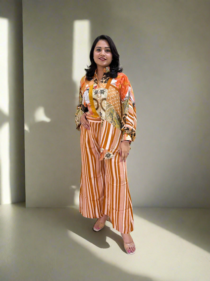 Viscose Crepe Digitally Printed Top with Matte Satin Digitally Printed Bottom – Women’s Fusion Wear Set (L to 2XL)