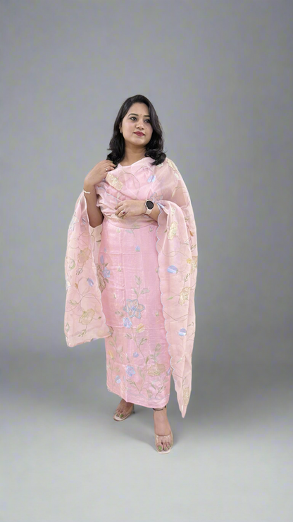 Unstitched Bamber Silk Suit with Resham Embroidery, 3D Patch Appliqué and Organza Dupatta